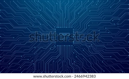 Thin circuit trace lines in blue on a dark technology background. Abstract digital tech bg. Electronics and computer technology concept. Chip and circuit board. Vector illustration with text space. 