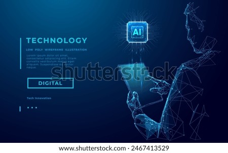 Abstract wireframe man holding tablet with AI chip hologram. Technology innovation background. Tech bg. Artificial intelligence concept. Scientist with AI processor. Vector low poly illustration.