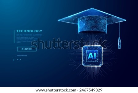 AI education or machine learning background. Abstract digital tech bg. AI chip and graduate hat in blue with light neon effects. Artificial Intelligence concept. Low poly wireframe vector illustration