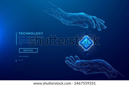 Abstract digital hands holding 3D semiconductor AI chip hologram on technology blue background. AI microchip with circuit elements. Wireframe human hands holding light blue chip. Vector illustration. 