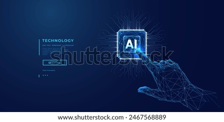 AI innovation concept.  Abstract digital background. Index human finger presses on a light blue AI chip or processor.  Artificial Intelligence concept. 3D low poly wireframe vector illustration.