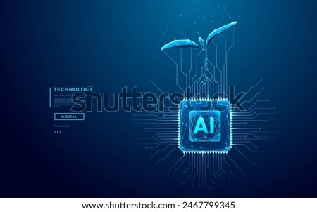 Sprouting Plant and AI chip in blue. Artificial Intelligence evolution concept. Abstract digital technology background. Data digital tree and circuit board. Low poly wireframe Vector illustration. 