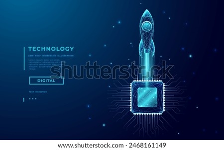 Abstract digital rocket, light CPU processor on technology blue background. Semiconductor or microchip and launch spaceship. Technology innovation in electronics. Wireframe Tech bg vector illustration