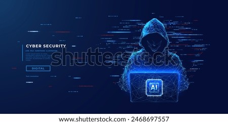 Abstract digital anonymous hacker with light blue laptop and AI chip. Technology electronics background. Computer chip and glitch data flow. Tech artificial intelligence bg. Vector illustration