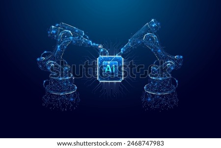 Industrial robotic arms create AI a chip or a semiconductor on a dark blue background. Robot and AI chip. Abstract technology bg. Artificial Intelligence concept. Low poly digital vector illustration