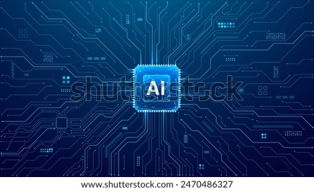 AI chip background with circuit light elements in blue on technology dark background. Circuit board, AI semiconductor and computer processor. Abstract polygonal microchip. Low poly vector illustration