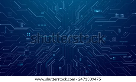Abstract AI circuit board background. Technology connected blue lines with electronics elements on tech bg. Computer motherboard with a chip, processor, and semiconductor. Digital vector illustration