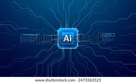 AI chip background on technology blue background. Circuit board. Ai Tech bg. Artificial intelligence concept. Vector polygonal wireframe illustration. Free text space. Semiconductor or CPU processor.