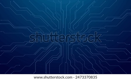 Abstract digital circuit board on technology blue background. Circuit connected lines and dots on abstract motherboard. Navy gradient tech bg. AI innovation concept.  Futuristic vector illustration.