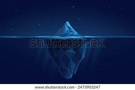 Abstract digital iceberg. Water surface on a blue night background. Ice underwater and mountain. Technology low poly wireframe glacier in the ocean. Polygonal geometric vector illustration. Tech bg.
