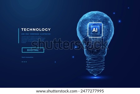 Abstract digital AI chip and lightbulb on technology blue background. Artificial intelligence innovation concept. Tech bg. CPU processor or microchip. 3D Low poly vector illustration. 