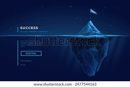 Abstract digital iceberg with a flag on the peak. Night technology background. Mountain with an underwater part. Abstract tech bg. Iceberg in sea or ocean. Vector low poly wireframe 3D illustration.