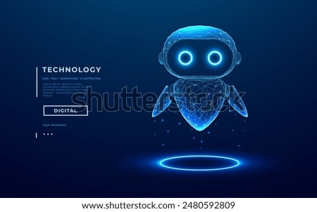 3D abstract digital AI robot floating above a light blue neon portal. Technology innovation background. Cute blue polygonal futuristic bot assistant. Tech bg. Low poly wireframe vector illustration.