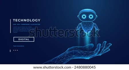 3D abstract digital AI robot floating above a human wireframe hand. Chatbot or AI bot assistant. Technology innovation concept. Tech dark blue background. Low poly vector illustration.