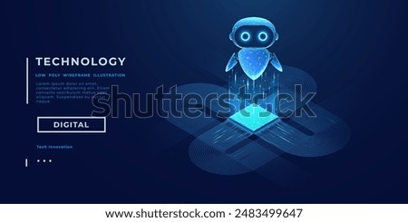 3D vector AI robot consists of wireframe polygons and connected dots on a technology blue background. AI chip and chatbot on futuristic circuit bg. Isometric bot character. Vector illustration. 