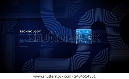 Futuristic chip and circuit board on technology background. Brightly glowing pixels on a semiconductor surface. Abstract digital round line flat cable in smooth shapes. Tech bg. Vector illustration.
