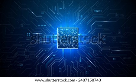 Brightly glowing AI chip on light circuit board on technology blue background. CPU processor or semiconductor on tech bg. Computer microchip on motherboard. Abstract digital vector illustration.