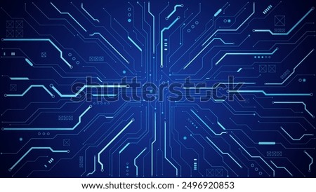 Technology background with a circuit board with light lines and electronic elements. Tech bg in blue. Banner with abstract AI chip or computer processor.  Digital motherboard. Vector illustration.