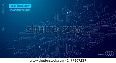 Isometric circuit background in blue. Technology circuit board background. Ai chip, electronics elements, and connected dots. Data tech bg. Abstract vector illustration. Futuristic computer design