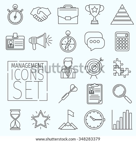 Set of business icons arranged in a line art style. Suitable for illustrating the following topics office, business, marketing, management, and others. Icons have the same thickness contour.   