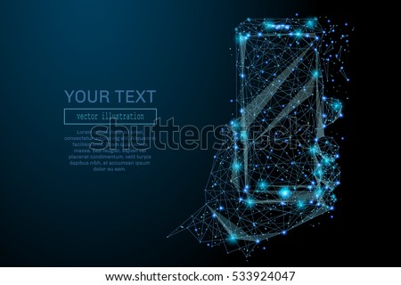 Abstract image of a smartphone in hand in the form of a starry sky or space, consisting of points, lines, and shapes in the form of planets, stars and the universe. Smartphone vector wireframe concept
