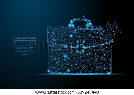 Abstract image of a briefcase in the form of a starry sky or space, consisting of points, lines, and shapes in the form of planets, stars and the universe. Business portfolio vector wireframe concept