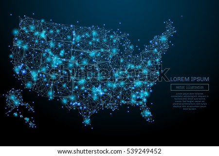 Abstract image of a USA map in the form of a starry sky or space, consisting of points, lines, and shapes in the form of planets, stars and the universe. USA map vector wireframe concept