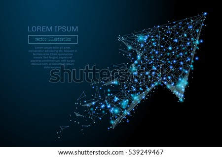 Abstract image of a arrow in the form of a starry sky or space, consisting of points, lines, and shapes in the form of planets, stars and the universe. Business arrow vector wireframe concept