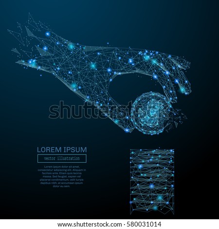 Abstract image of a hand with dollar coin in the form of a starry sky or space, consisting of points, lines, and shapes in the form of planets, stars and the universe Vector business wireframe concept