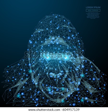 Abstract image of a gorilla head in the form of a starry sky or space, consisting of points, lines, and shapes in the form of planets, stars and the universe. Vector business wireframe concept