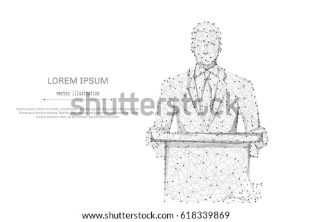 Abstract mash line and point business man standing behind rostrum on white background with an inscription. Starry sky or space, consisting of stars and the universe. Vector business illustration