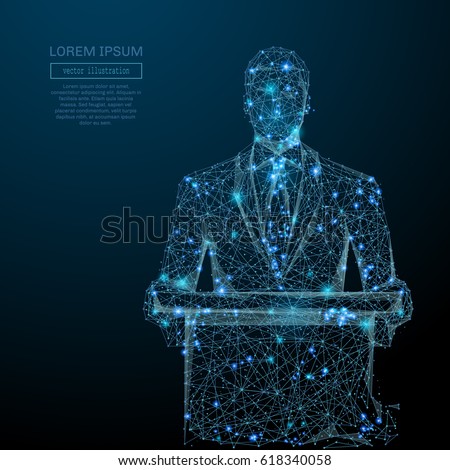 Abstract image of a business man standing behind rostrum in the form of a starry sky or space, consisting of points, and shapes in the form of planets, stars and universe. Vector wireframe concept.