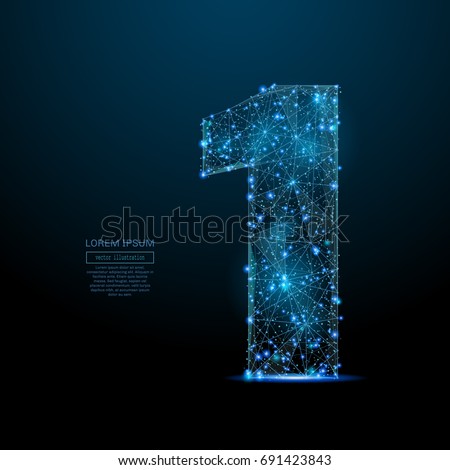 Abstract image of a number one in the form of a starry sky or space, consisting of points, lines, and shapes in the form of planets, stars and the universe. Vector digit 1 wireframe concept.