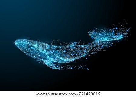 Blue whale composed of polygon. Marine animal digital concept. Low poly vector illustration of a starry sky or Comos. The whale consists of lines, dots and shapes. Wireframe light connection structure