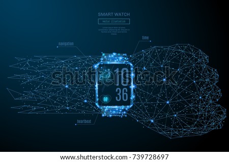 Abstract image of a Smart watch in the form of a starry sky or space, consisting of points, lines, and shapes in the form of planets, stars and the universe. Vector Technology concept. Gadget image