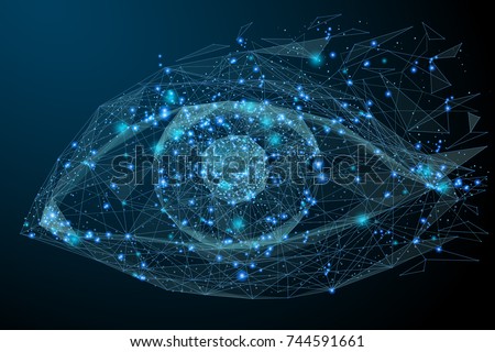 Low Poly wireframe technology eye. Futuristic concept. Vector eye mesh spheres from flying debris. Thin line concept. Blue structure style illustration. Scince polygonal image