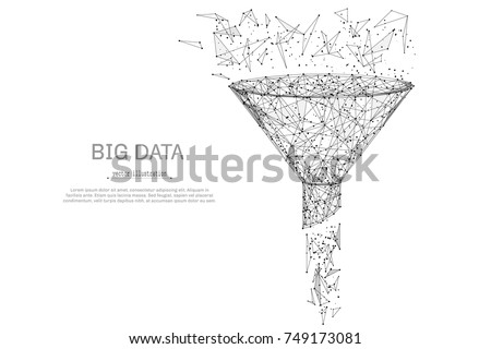 Funnel low poly wireframe isolated black on white background. Abstract mash line and point origami. Vector illustration. Big datta or sales funnel concept with geometry triangle.
