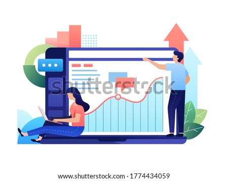 Two member of marketing team now analysis the curve graphic of CRM report this month. They should make sure the curve still on positive track. Solid team. Vector illustration with minimalism style