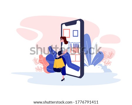 A woman prefer shopping with apps instead website. She can shop simple and faster than on website. Effectively Shopping in now era. Vector illustration with pastel color.