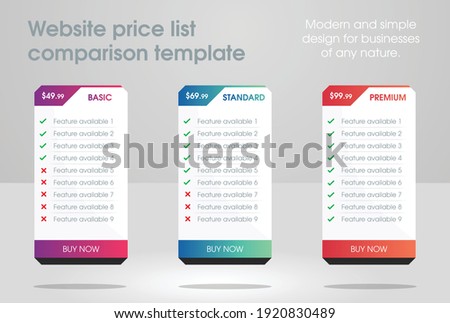 unique and modern website business plan template with three price list comparison tables with beautiful colors. Best for professional web design or other business related posters and menus. 