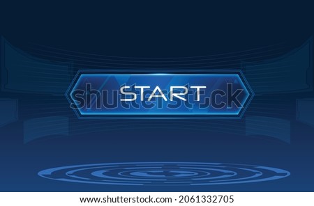 Futuristic screen blue background with start button floating in space. Screens revolving around the button box makes it look science fiction scene. Vectors can be turn into motion graphics. Foto d'archivio © 