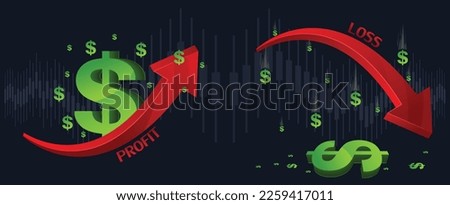 Dollar sign and arrows going up and down showing profit and loss or exchange rates rising and falling. 3D design representing change in numbers can be used to show increase and decrease in money.