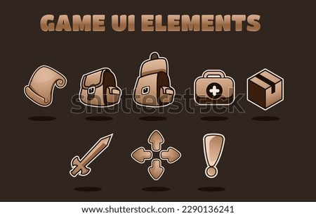 Adventure game gui buttons. Icons included in the collection, inventory backpack, sword fight, quest paper, navigation arrows and first aid health kit. Best for 2d games in brown wooden color.