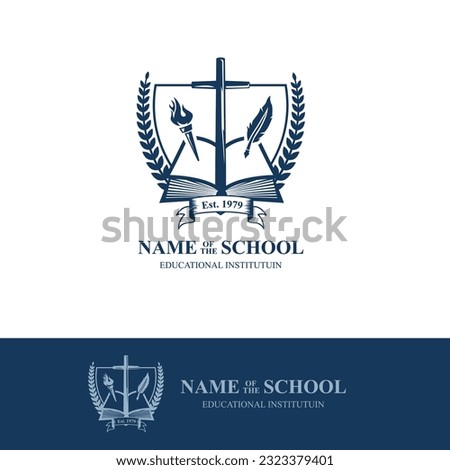 Christian school logo. Academy logo crest from higher education. College logo. Symbol of cross, quill, torch, book and education. Best for educational institutes. Shield with wreath. 
