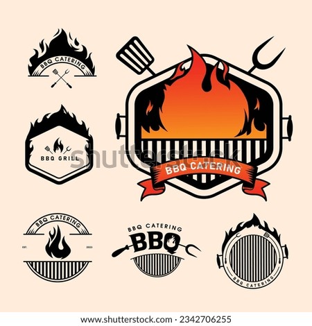 BBQ Logo set with Barbecue grill on fire. Emblem logo suites best for grilling related restaurants. Burning b-b-q grill with smoke. Vintage style restaurant logo icon.