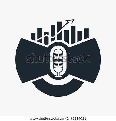 Podcast logo template for business and finance related topics or scale of economics. The arrow going up in the bar graph showing growth and success. Trending topics related broadcasting radio show.