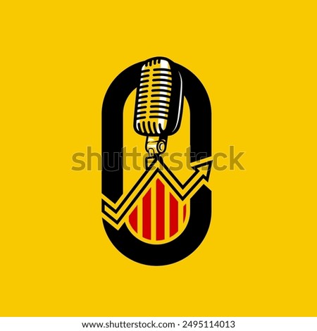 Podcast logo template for business and finance related topics or scale of economics. The arrow going up in the bar graph showing growth and success. Trending topics related broadcasting radio show.