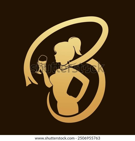 Girl holding a glass of wine. girl silhouette in gold. Luxury logo for wine or fashion brands may use for restaurant symbol also. Elegant lady icon with scarf flying. B letter made off scarf