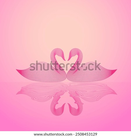 two swans made up of line art facing each other. Pink wallpaper with swans. Symbol of love. Use as background for valentines day poster or other artworks. Swans sunset pose with reflection on water