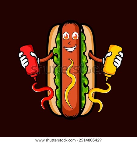 Hotdog vector with delicious sauces on top ketchup and mustard. Hot and playful character illustration. can use for quick service restaurants or a cafe or hot dog stand as a logo or graphic element.